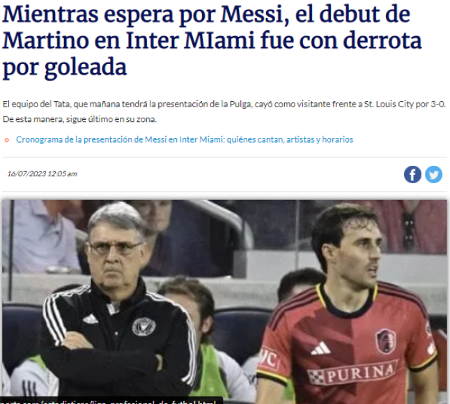 TyC Sports de Argentina: “Mientras espera por Messi, el debut de Martino en Inter MIami fue con derrota por goleada”.