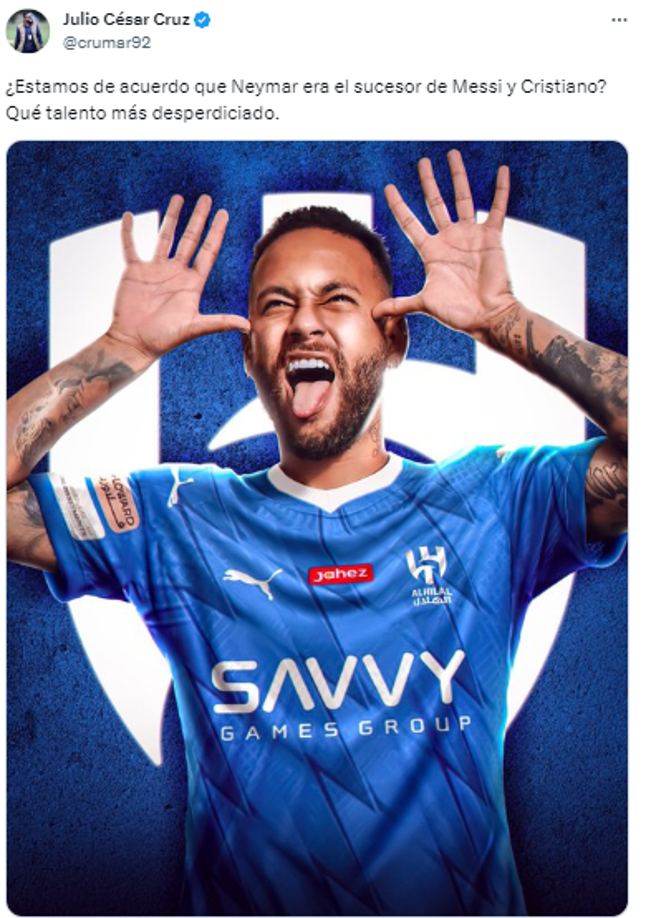 Julio Cruz, periodista de El Heraldo: “¿Estamos de acuerdo que Neymar era el sucesor de Messi y Cristiano? Qué talento más desperdiciado”.