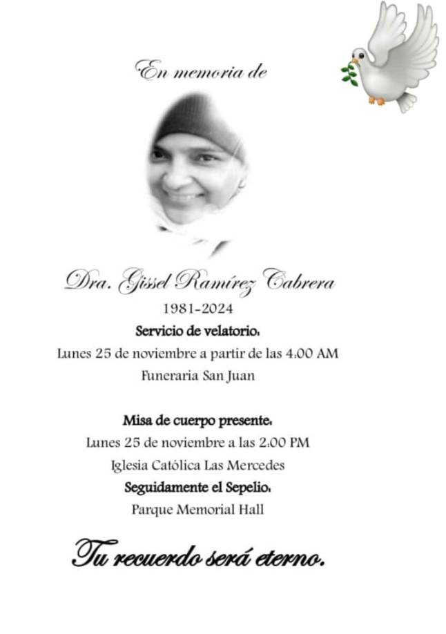 El entierro de la doctora se realizará la tarde de este lunes 25 de noviembre en el cementerio Hall.