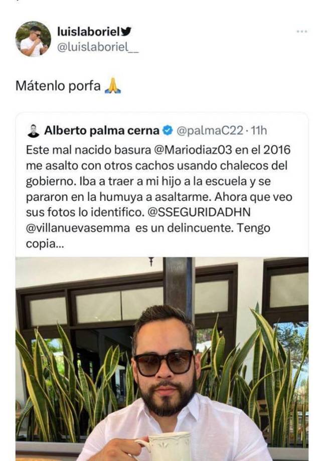 “Las amenazas a muerte contra Mario Díaz, constan en las redes sociales del señor Laboriel, y la denuncia ya fue presentada ante la Policía Nacional, de quien se espera realice su trabajo. La Bancada del Partido Nacional se solidariza con Mario Díaz”, agregan. 