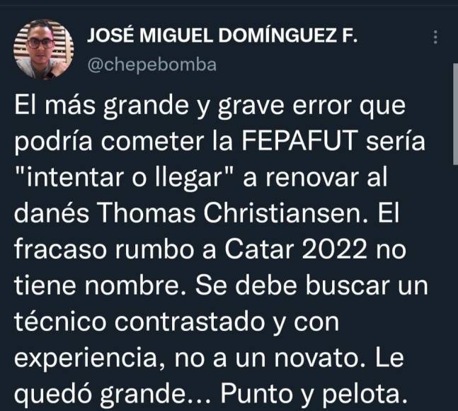 José Miguel Domínguez, mejor conocido como “Chepebomba”, se desahogó en sus redes sociales tras el fracaso de Panamá y pidió la salida del seleccionador Thomas Christiansen.