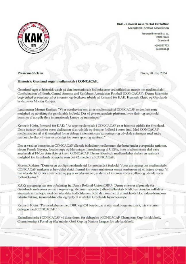 “Solicitar la membresía en CONCACAF es un momento histórico para Groenlandia. Esta iniciativa refleja nuestra dedicación a desarrollar y promover el fútbol en nuestro país”, dice el comunicado oficial.