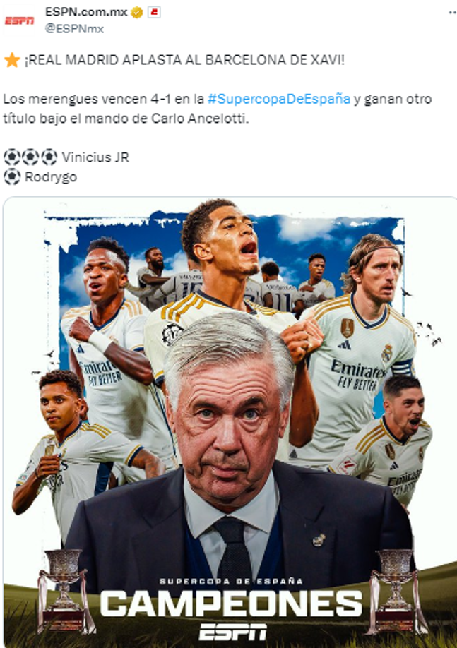 “ ¡REAL MADRID APLASTA AL BARCELONA DE XAVI!”, así lo tituló ESPN.