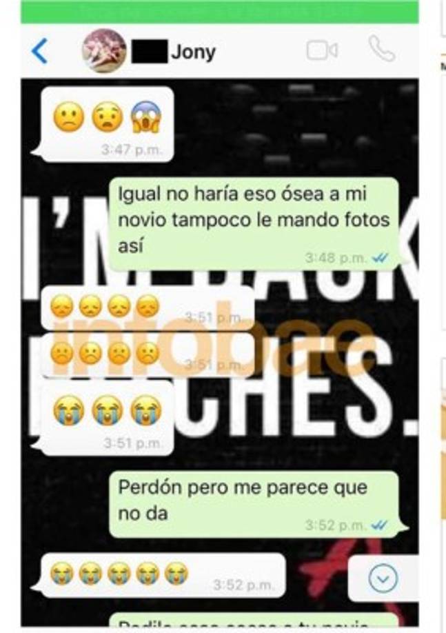 La niña le dijo: 'Igual no haría eso, ósea a m novio tampoco le mando fotos así'.
