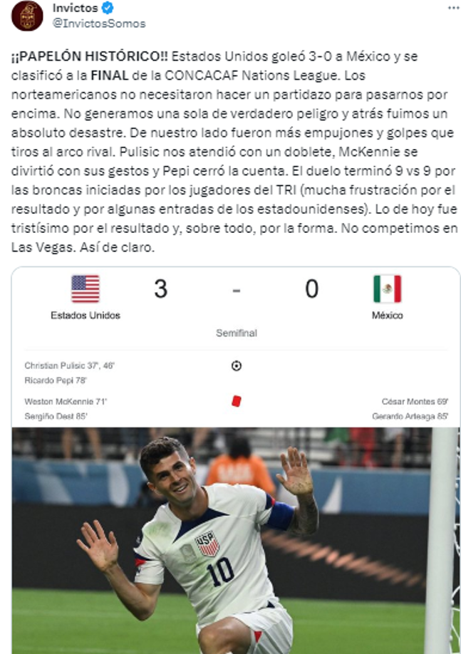 Invictos: “¡¡PAPELÓN HISTÓRICO!! Estados Unidos goleó 3-0 a México y se clasificó a la FINAL de la CONCACAF Nations League”.
