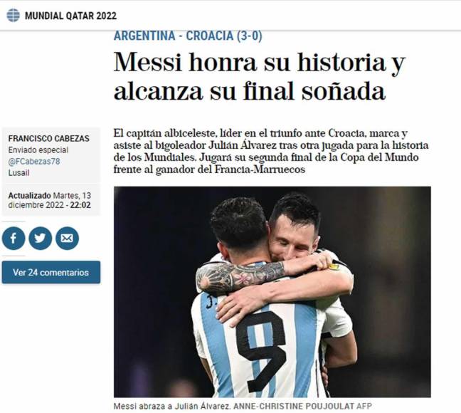 Diario El Mundo - “Messi honra su historia y alcanza su final soñada”.