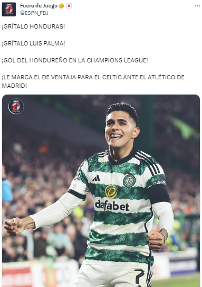 “¡GRÍTALO HONDURAS!”, publicó Fuera de Juego de ESPN al golazo de Luis Palma.