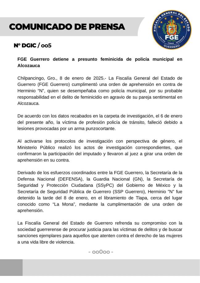 Finalmente, el miércoles 8 de enero, Herminio “N” fue localizado y detenido en el libramiento de Tlapa, cerca del lugar conocido como “La Mona”, por elementos de seguridad de diferentes niveles, incluyendo la Fiscalía General del Estado, Guardia Nacional y la Secretaría de Seguridad Pública.