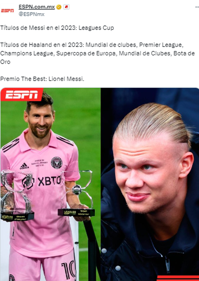 La comparación de ESPN en el año de Lionel Messi y Erling Haaland.