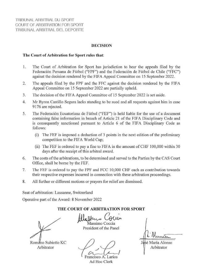 Carta del TAS sobre las sanciones aplicadas.