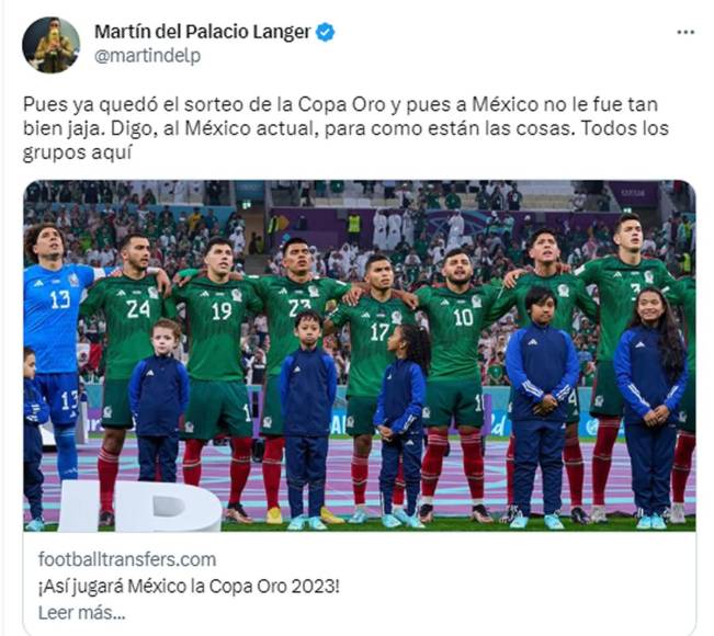 Martín del Palacio, periodista mexicano: “Pues ya quedó el sorteo de la Copa Oro y pues a México no le fue tan bien jaja. Digo, al México actual, para como están las cosas”.