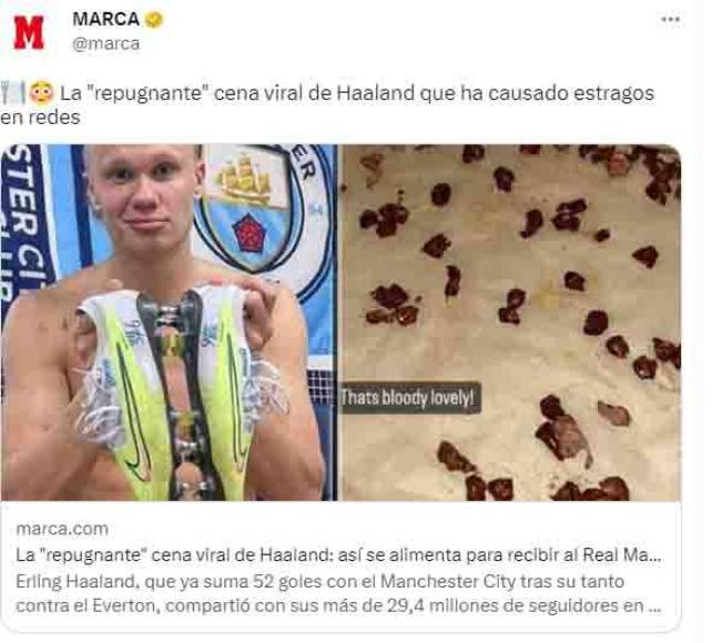 La cena de Haaland se hizo viral y le da la vuelta al mundo. Diversos medios internacionales han señalado la alimentación del goleador del Manchester City.