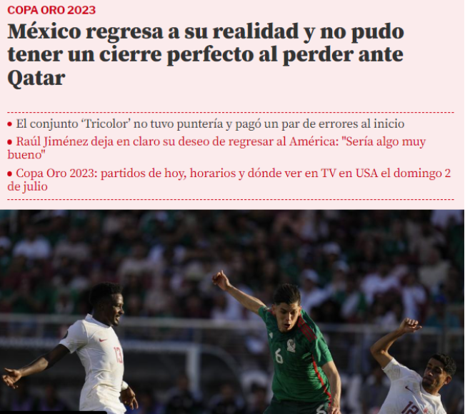 Mundo Deportivo de España: “México regresa a su realidad y no pudo tener un cierre perfecto al perder ante Qatar”.