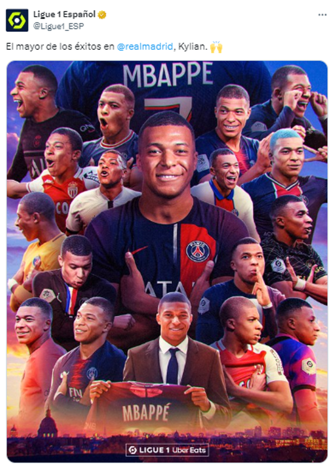 La Ligue 1 de Francia también se pronunció y le dejó mensaje: “El mayor de los éxitos en Real Madrid, Kylian”.