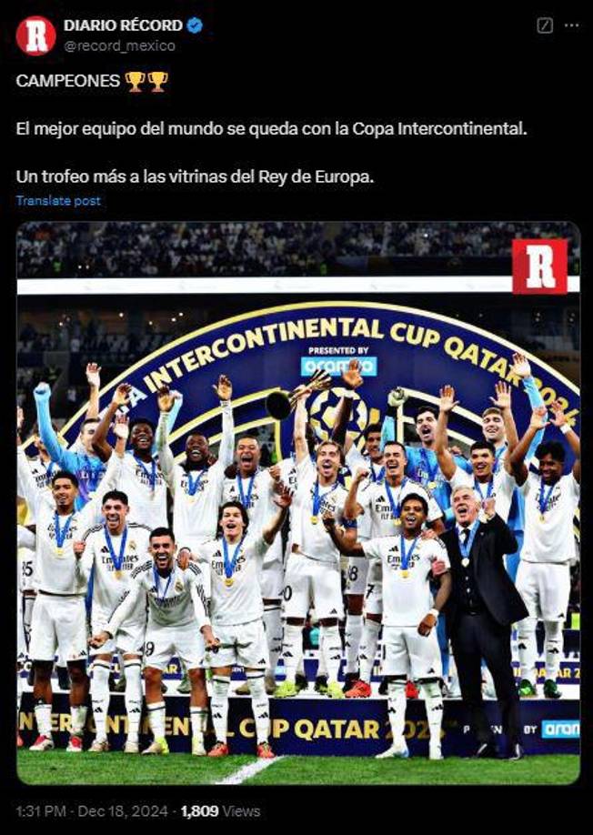 Diario Récord de México: “El mejor equipo del mundo se queda con la Copa Intercontinental”