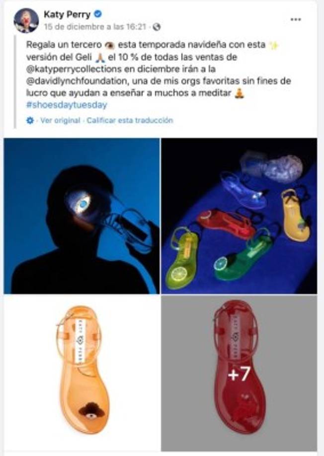 A través de un post, Perry escribió que el 10 por ciento de las ventas de sus sandalias era destinado a una fundación, y publicó fotos de los diferentes estilos de su marca de calzado.