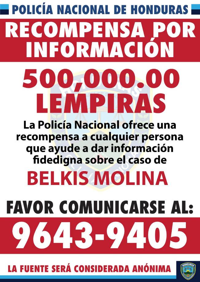 La recompensa que ofrece la Policía Nacional por información de la desaparición de Belkis Molina. 
