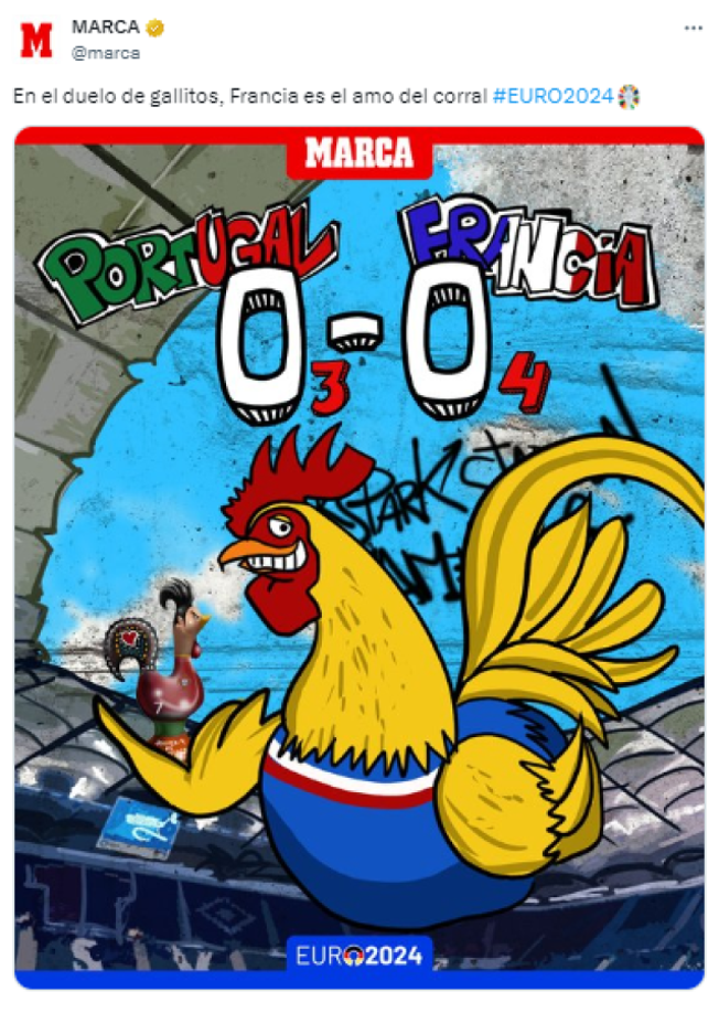 “En el duelo de gallitos, Francia es el amo del corral”, publicó el diario Marca por la clasificación de ‘Les Bleus’ a las semifinales.