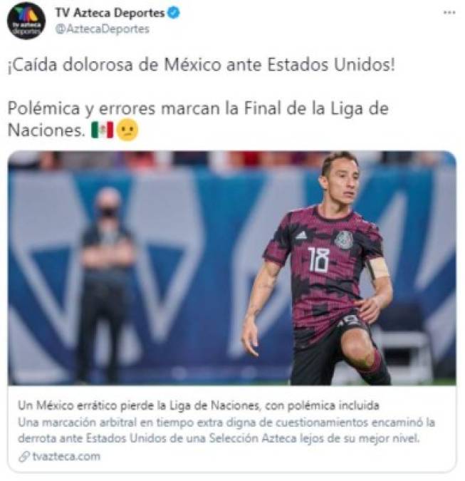 TV Azteca de México señaló que una caída dolorosa la de su selección ante EUA.