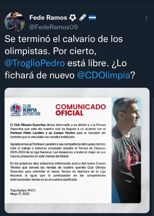 Periodistas y aficionados han reaccionado en las redes sociales tras el adiós de Pablo Lavallén como DT del Olimpia. Un sector señala que debería de volver Pedro Troglio,estratega que logró cuatro títulos con los albos.