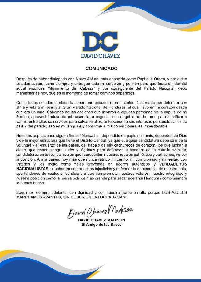 Este fue el comunicado que lanzó David Chávez en sus redes sociales. 