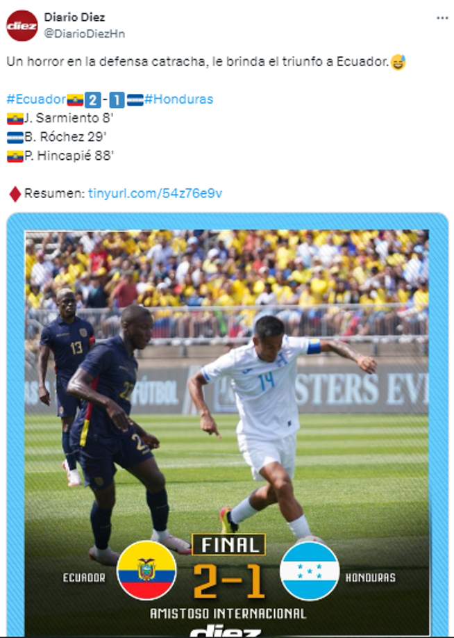 Y tras el final del partido: “Un horror en la defensa catracha, le brinda el triunfo a Ecuador”.