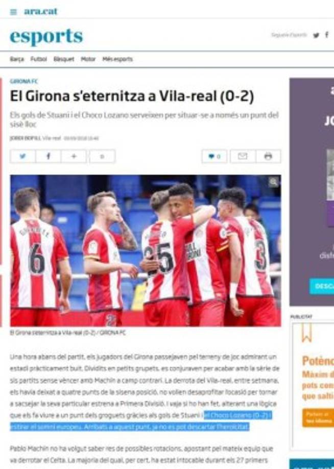 Los diarios españoles han hablado del triunfo del Girona y el golazo del hondureño.