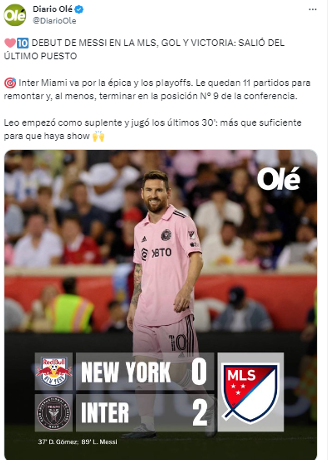 Diario Olé de Argentina: “DEBUT DE MESSI EN LA MLS, GOL Y VICTORIA: SALIÓ DEL ÚLTIMO PUESTO”.