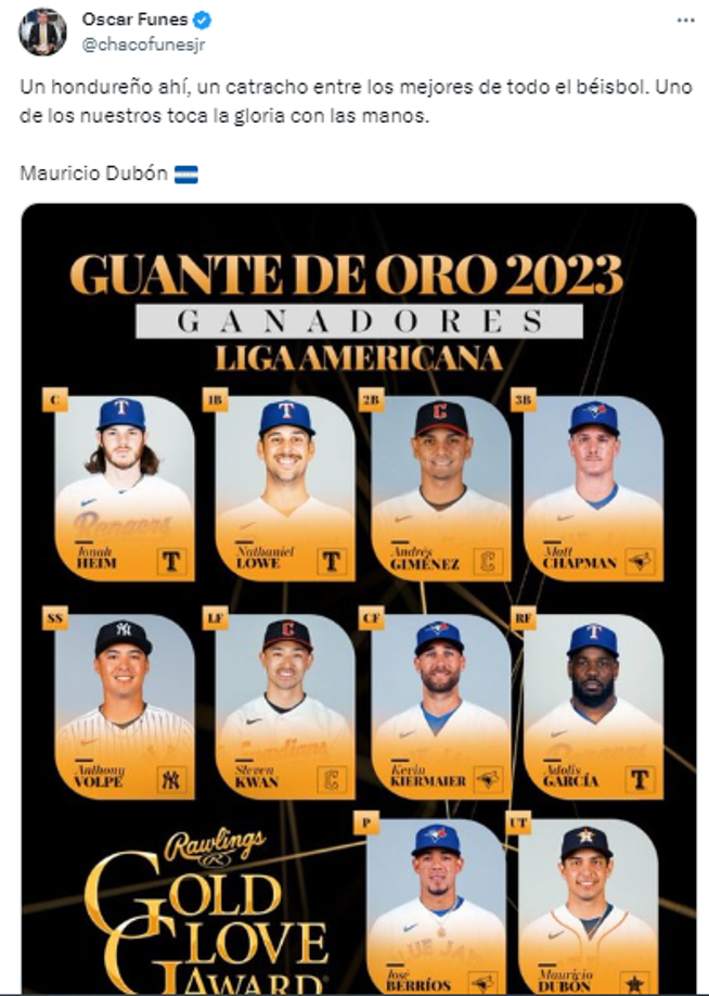 Y agregó: “Un hondureño ahí, un catracho entre los mejores de todo el béisbol. Uno de los nuestros toca la gloria con las manos”.