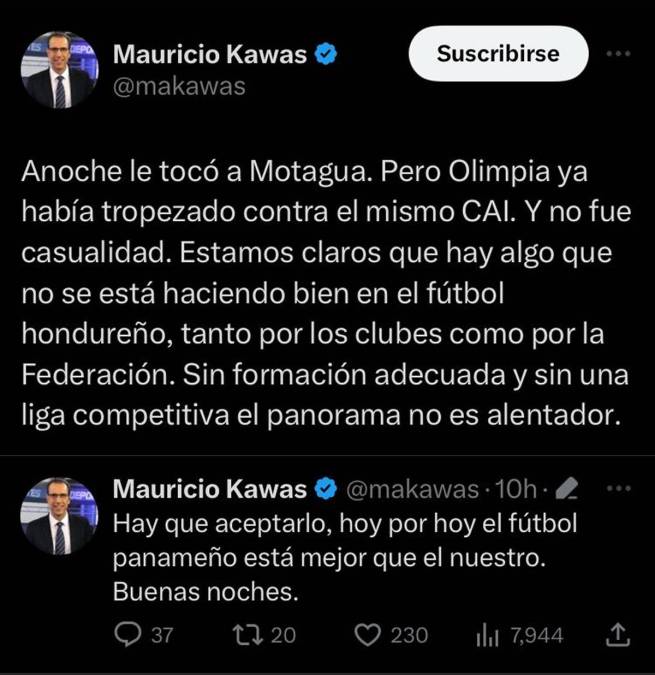 Mauricio Kawas, director de Todo Deportes, reconoce el trabajo de los canaleros. “Hay que aceptarlo, hoy por hoy el fútbol panameño está mejor que el nuestro” y lanzó una reflexión para el balompié hondureño.