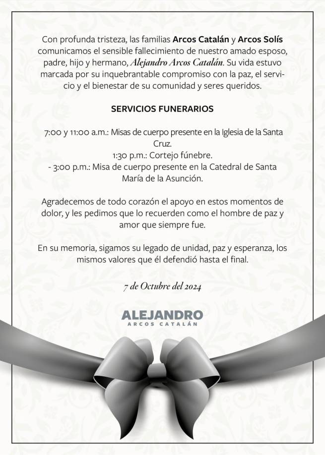 Nota de duelo publicada en la página oficial de Alejandro Arcos.