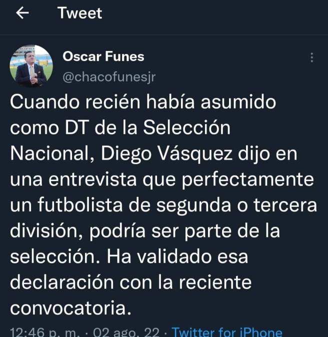 Chaco Funes fue otro de los periodistas en dar su punto de vista. El comunicador recordó las palabras de Diego Vázquez cuando asumió las riendas de la selección.