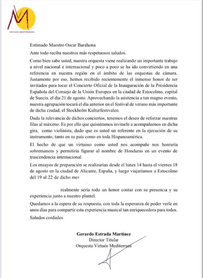 Carta de invitación enviada por el director de la Orquesta europea Virtuós Mediterrani.