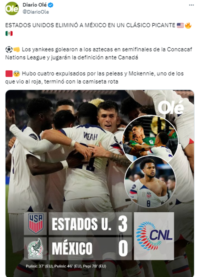 Diario Olé de Argentina: “ESTADOS UNIDOS ELIMINÓ A MÉXICO EN UN CLÁSICO PICANTE”.