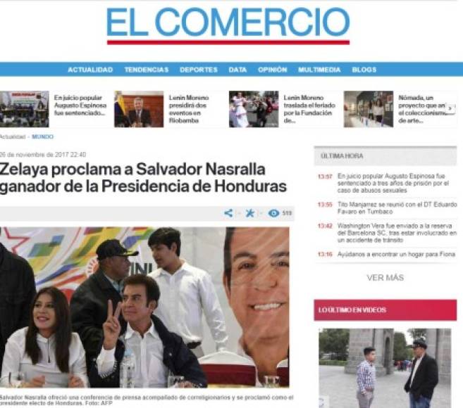 El Comercio de Ecuador también ha resaltado el proceso electoral en Honduras.