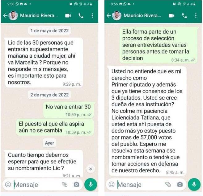Conversación entre el diputado Mauricio Rivera y Tatiana Lara.
