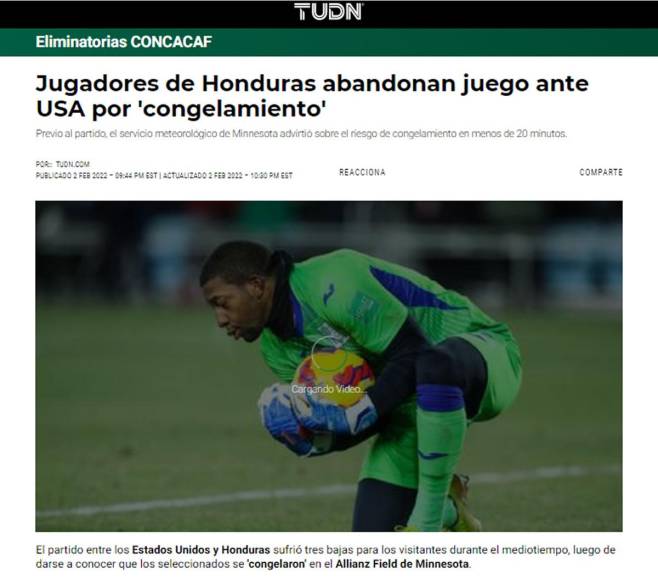 TUDN de México - “Jugadores de Honduras abandonan juego ante USA por ‘congelamiento’”.