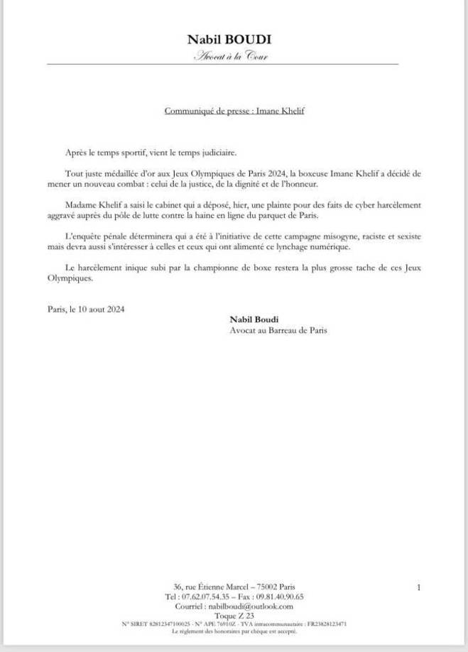 Este es el comunicado de Nabil Boudi, abogado de Imane, donde se confirma que la púgil presentó una denuncia en la capital francesa por todo el acoso y odio que recibió a través de las redes sociales.