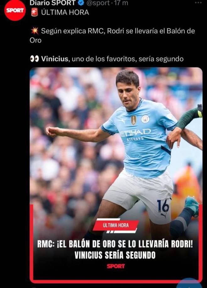 Diario Sport señala a Rodri como ganador del Balón de Oro 2024.
