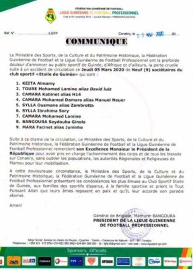En un principio la Liga de Guinea había informado que eran nueve los fallecidos, entre ellos colocaban a Almamy Keita, primo de Naby Keita, jugador del Liverpool, pero las autoridades lo han negado.