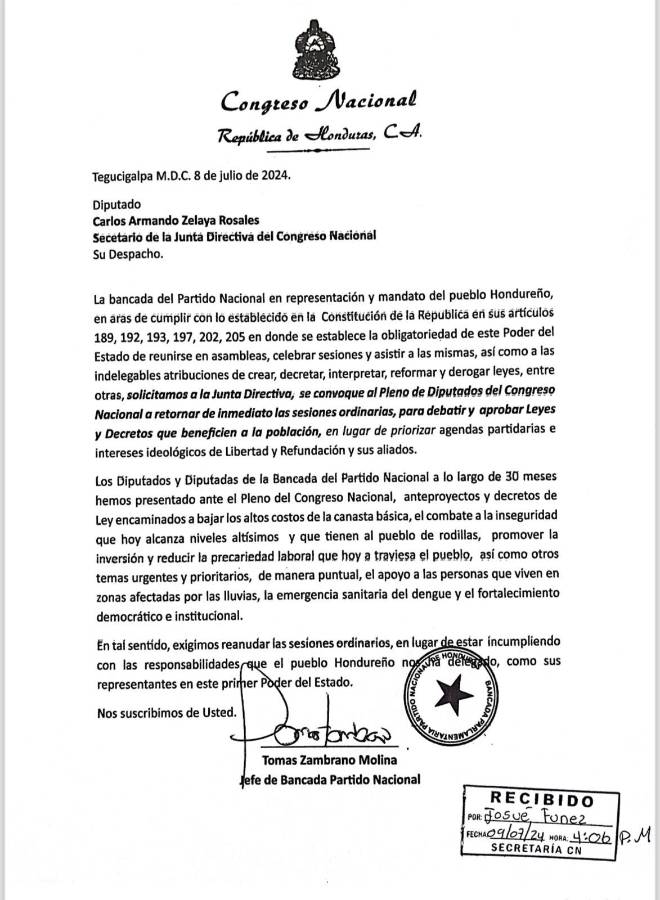 Documento del Partido Nacional sobre el retorno a sesiones en el Congreso Nacional.
