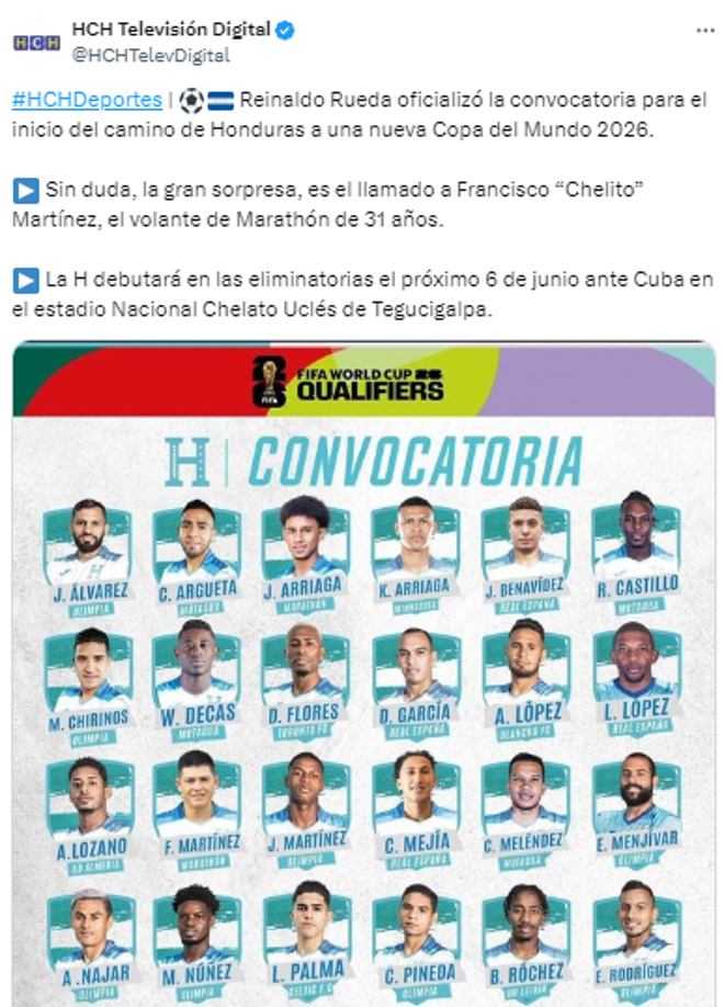 “Sin duda, la gran sorpresa, es el llamado a Francisco “Chelito” Martínez, el volante del Marathón de 31 años”.