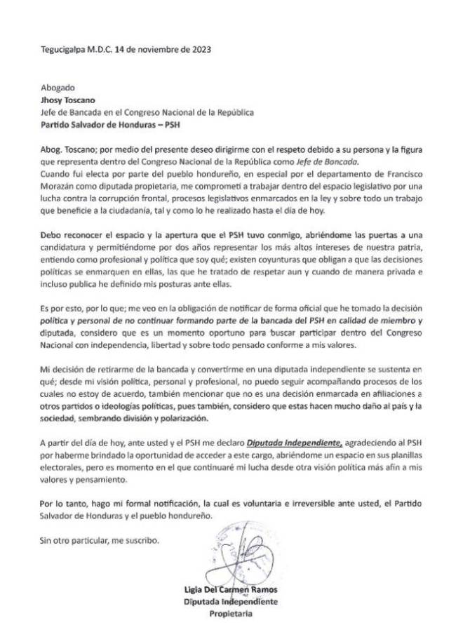 En esta carta de renuncia, la diputada Ligia Ramos expone las razones por las que decidió desligarse del PSH. 