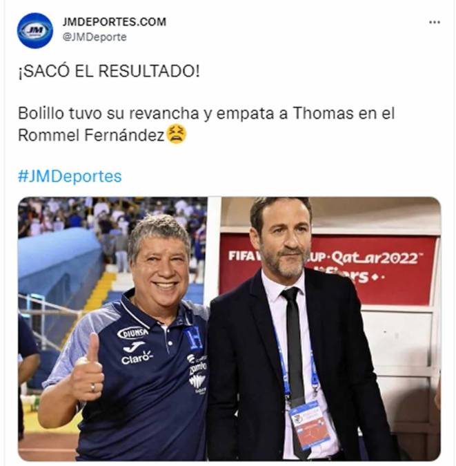 En JMDeportes de Panamá también se acordaron del entrenador de Honduras. “¡Sacó el resultado! ‘Bolillo’ Gómez tuvo su revancha y empata a Thomas en el Rommel Fernández”.