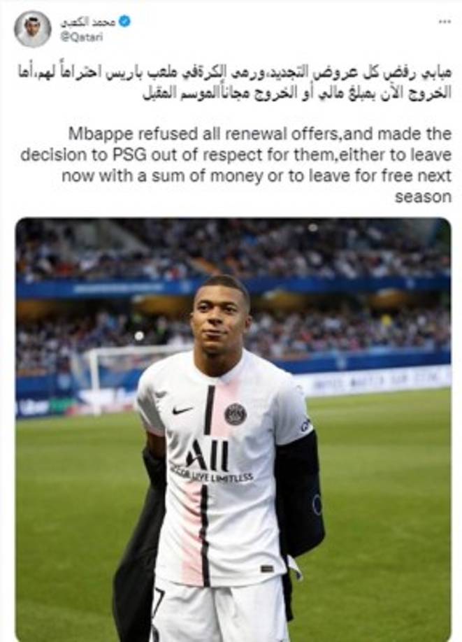 El empresario qatarí Mohammed Saeed Al Kaabi, uno de los allegados a la familia que dirige el PSG, ha destapado un bombazo sobre el futuro de Kylian Mbappé. “Mbappé rechazó todas las ofertas de renovación y lanzó la decisión al PSG por respeto a ellos, ya sea para irse ahora con una suma de dinero o para irse gratis la próxima temporada“, reveló en su cuenta en Twittter.<br/><br/>Y en un mensaje al streamer Ibai Llanos en la misma red social, aseguró que “nadie sabe realmente si continuará o se moverá, el presidente quiere continuar con fuerza“, reveló en su cuenta en Twittter.