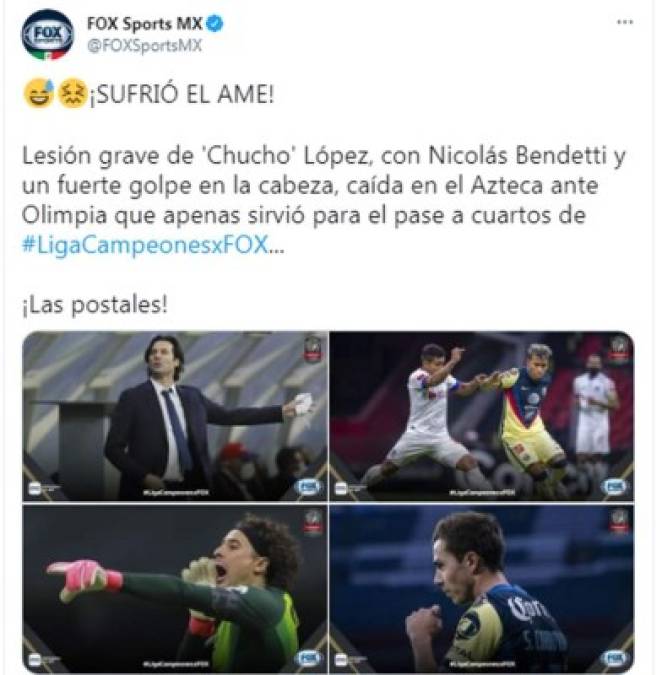 Fox Sports - “¡SUFRIÓ EL AME! Lesión grave de 'Chucho' López, con Nicolás Bendetti y un fuerte golpe en la cabeza, caída en el Azteca ante Olimpia que apenas sirvió para el pase a cuartos de Concachampions“.