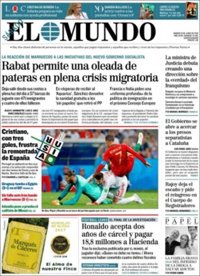 El Mundo de España puso a Rusia de cabeza para España y reconoce que 'Cristiano frutró la remontada de España'.