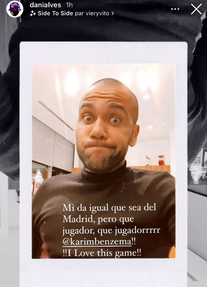 El brasileño Dani Alves, actual jugador del Barcelona, dedicó halagos a Karim Benzema por su gran actuación ante el PSG. “Me da igual que sea del Madrid, pero que jugador es Karim Benzema. Me encanta este juego”, escribió el lateral en Instagram.