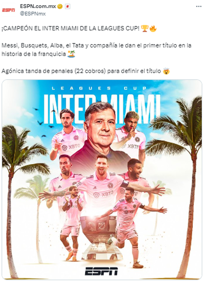 Fernando Palomo, periodista de ESPN: “Parece película pero es realidad...Inter Miami campeón de la Leagues Cup. Leo Messi llega a 44 títulos en su carrera”.