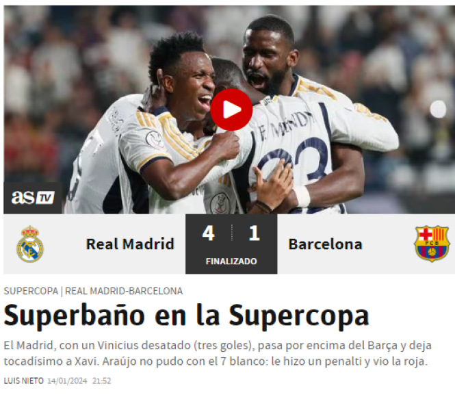 “Superbaño en la Supercopa”, titularon en Diario As de España tras la paliza del Real Madrid al Barcelona.